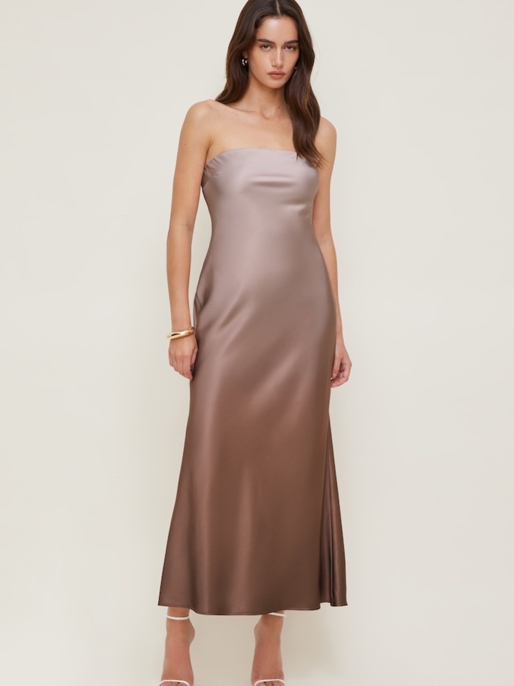 Dynamite Strapless Satin Slip Dress in Taupe Brown
